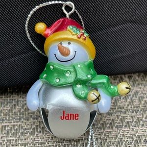 Jane Personalized Jingle Bell Snowman Ganz Christmas Ornament NWT